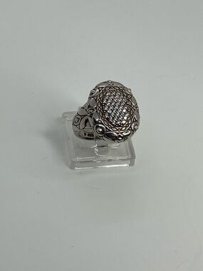 Vtg 925 Sterling Silver & Pave CZ Oval Floral Engraved Statement Ring